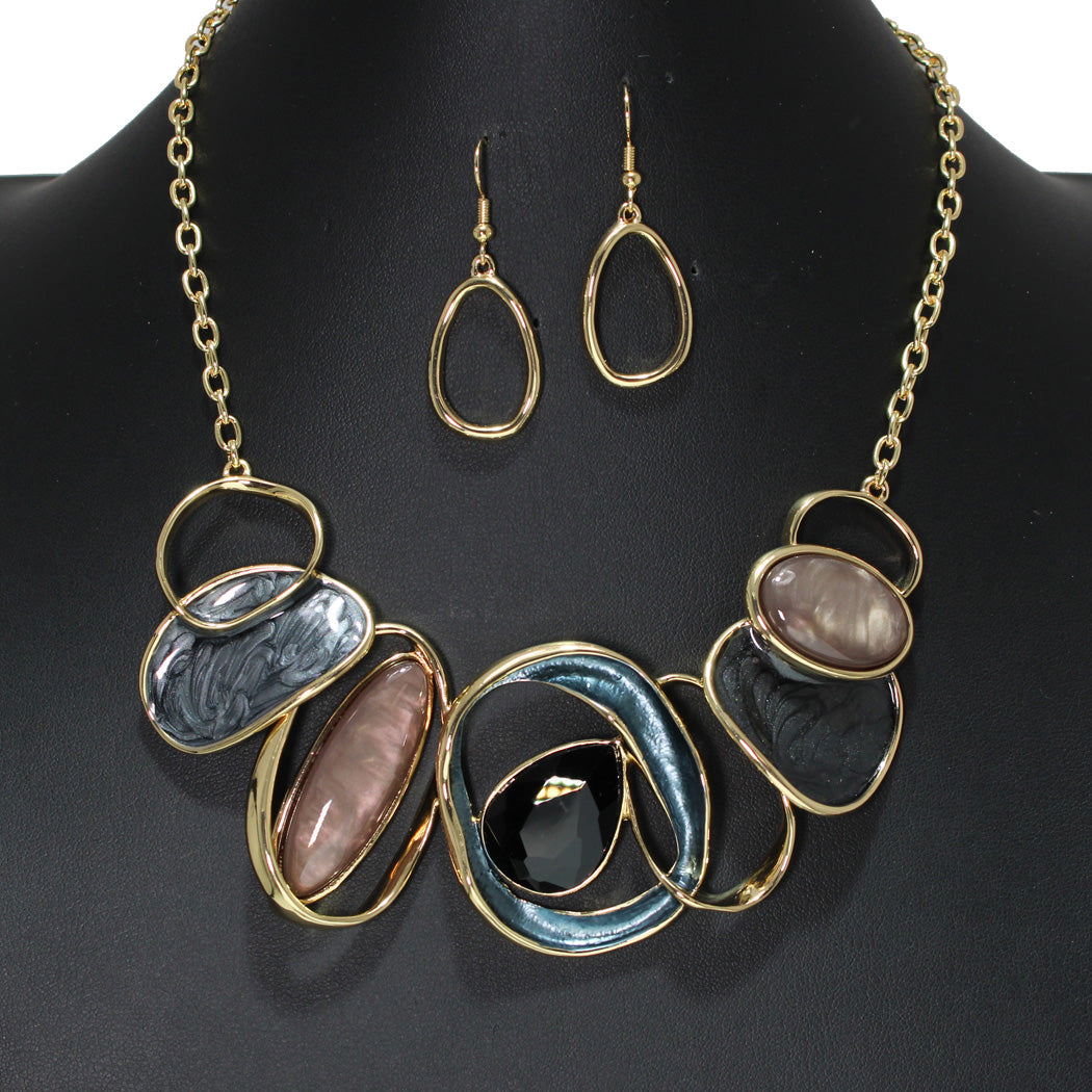Blue-Black Geometric Enamel Necklace w-Earring Set