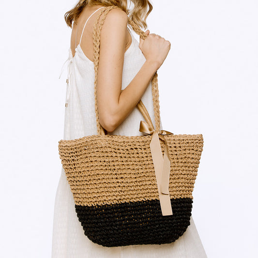 Two-tone Natural Straw & Ribbon Tote